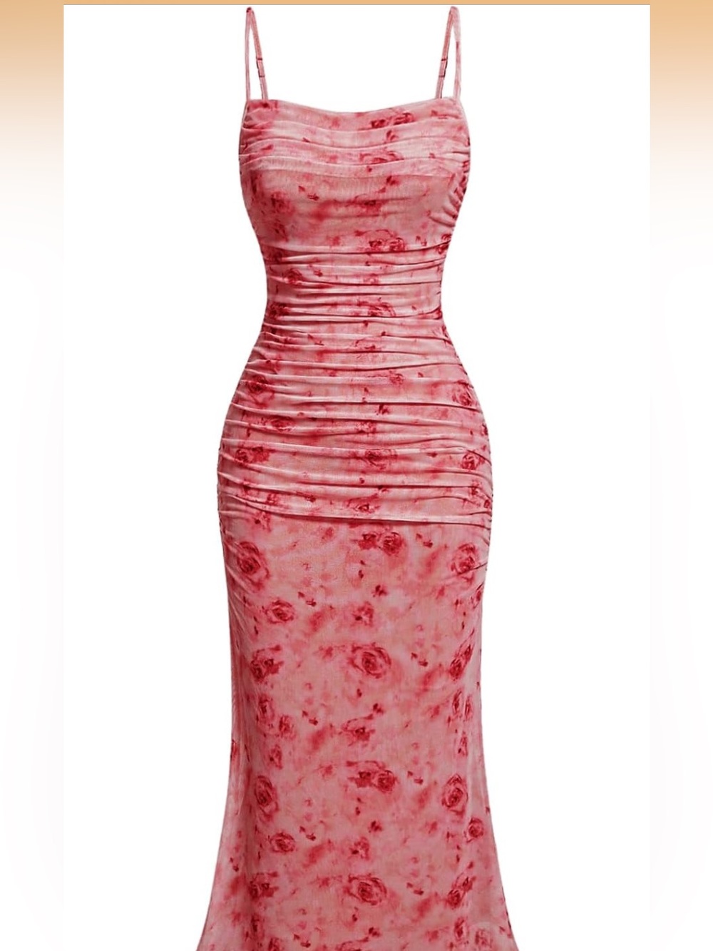 Amazon Pink Floral Ruched Midi Dress